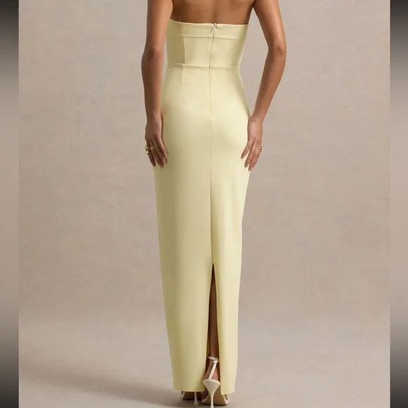 Pale Yellow Strapless Bow-Front Column Floor-Length Prom Dress