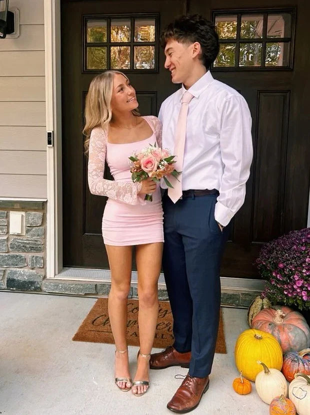 Sheath/Column Square Neck Long Sleeves Up Short-Mini Homecoming Dress