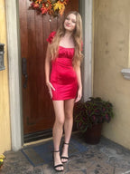 Sheath/Column Square Neck Short Sleeves Zipper Up Short-Mini Homecoming Dress