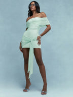 Mint Sheath Off Shoulder Ruched Tie Waist Mini Homecoming Dress
