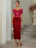 Sheath Off The Shoulder Short Sleeve Backless Tea-Length Evening Dress