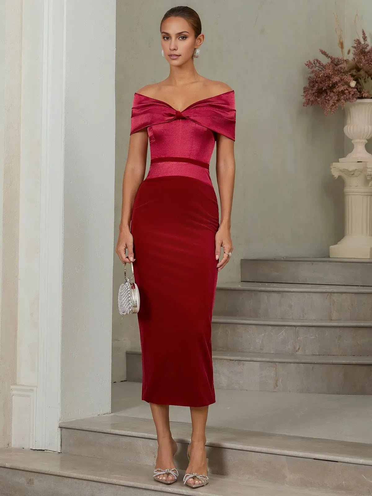 Sheath Off The Shoulder Short Sleeve Backless Tea-Length Evening Dress
