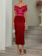 Sheath Off The Shoulder Short Sleeve Backless Tea-Length Evening Dress