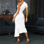 Chic Sheath One-Shoulder Asymmetric Sleeve Belted White Midi Evening Dress For Women Ready To Ship