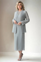 Sheath Round Neck Long Sleeve Solid Color Ankle-Length Mother of the Bride Dress