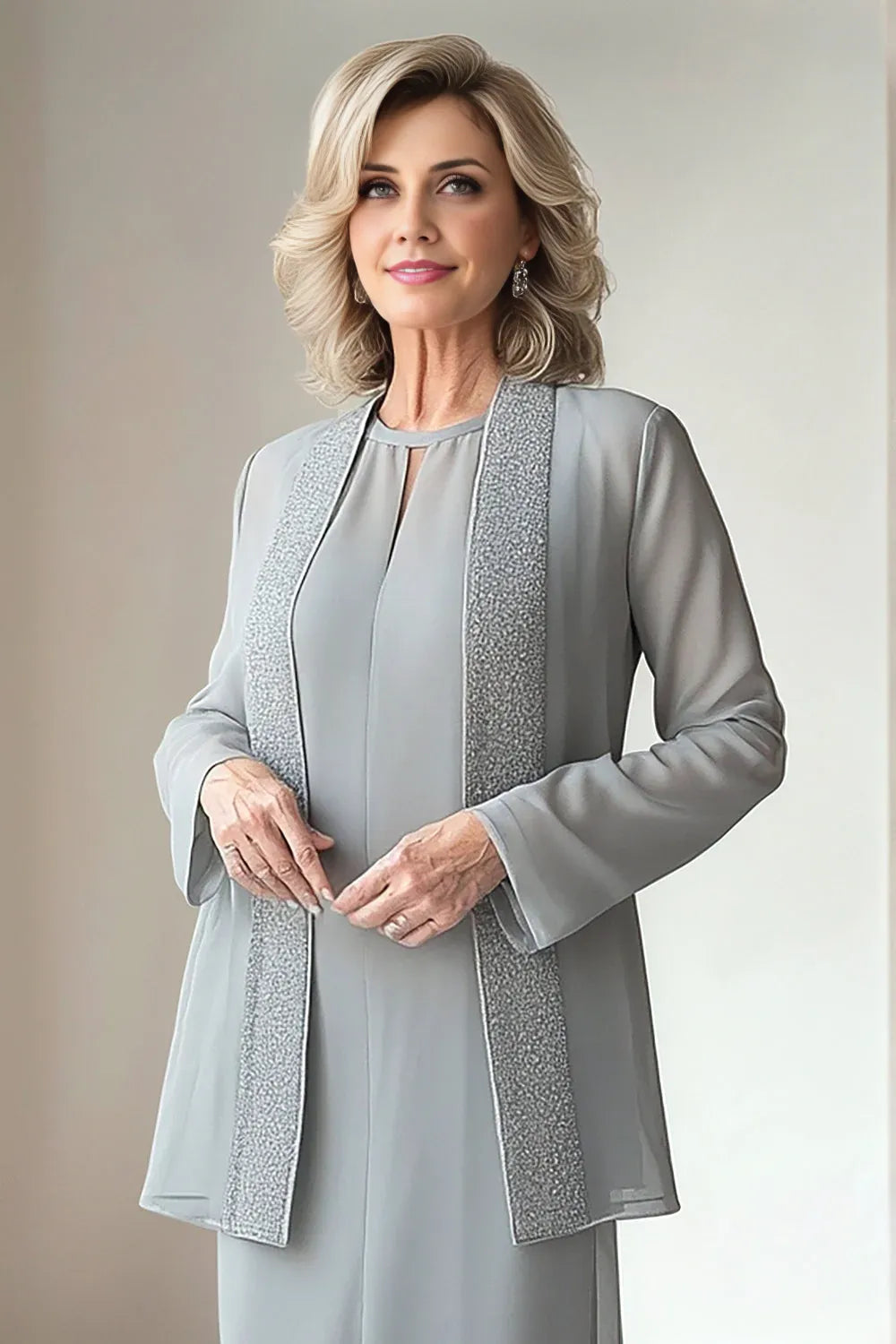 Sheath Round Neck Long Sleeve Solid Color Ankle-Length Mother of the Bride Dress