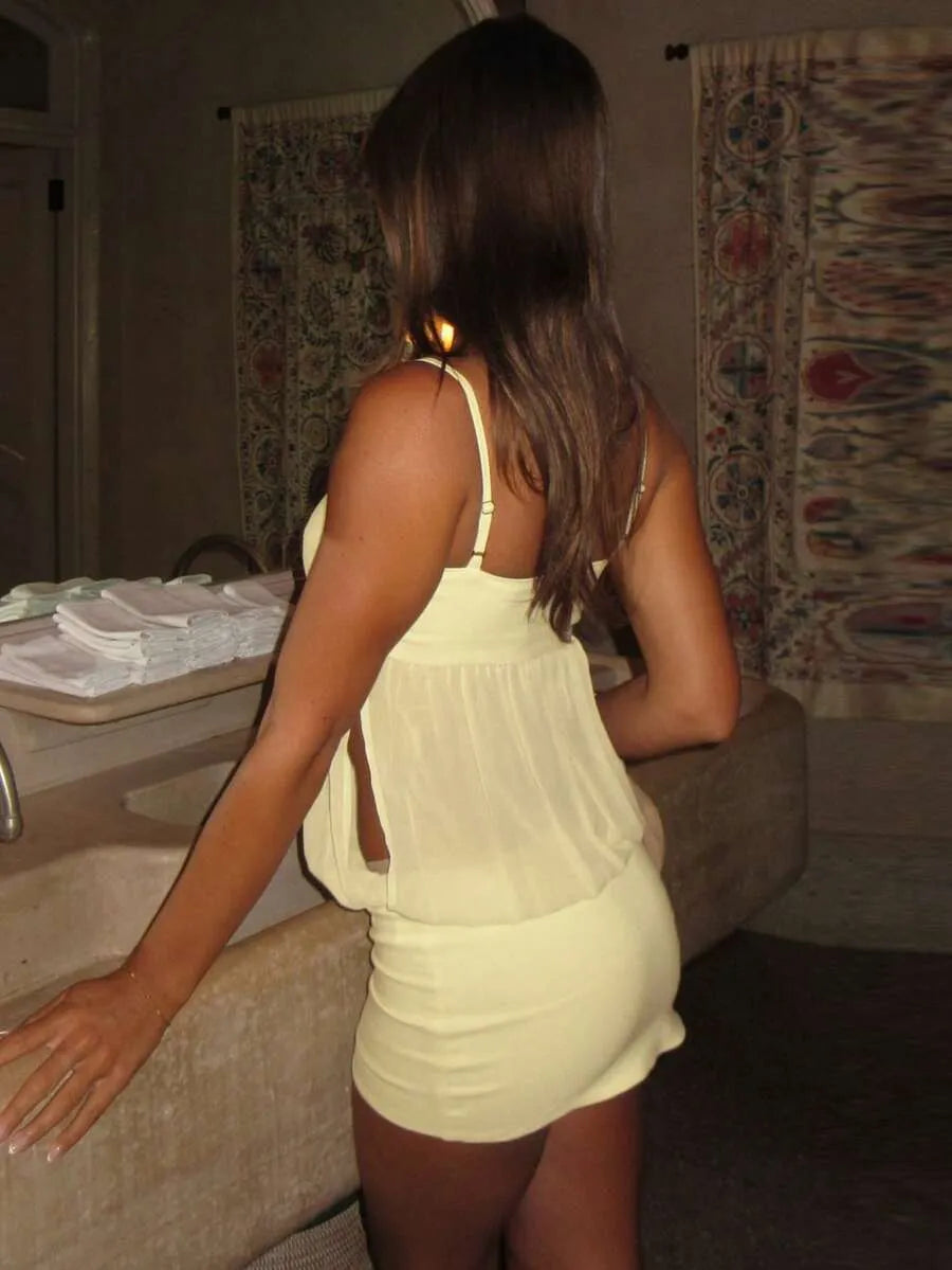 Yellow Sheath Square Neck Spaghetti Straps Sheer Overlay Mini Homecoming Dress