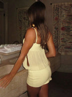 Yellow Sheath Square Neck Spaghetti Straps Sheer Overlay Mini Homecoming Dress