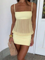 Yellow Sheath Square Neck Spaghetti Straps Sheer Overlay Mini Homecoming Dress