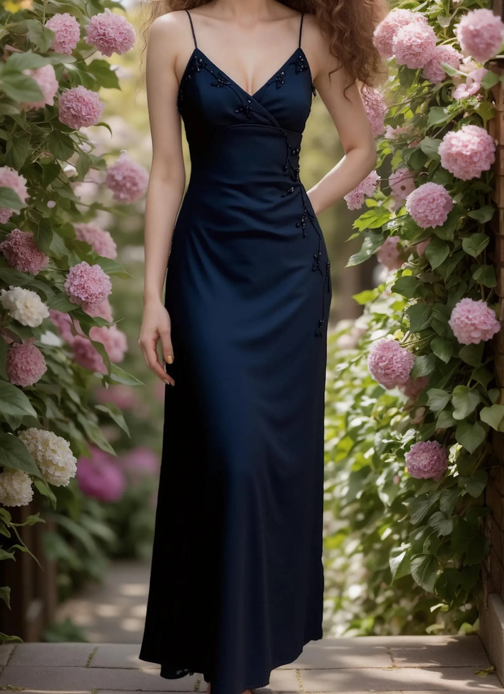 Mermaid Prom Dress Navy Blue With Beaded Spaghetti Strap V Neck Floor Length Ruched Bodice Elegant Gown For Prom Night