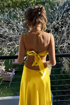 Spaghetti Strap Cut-Out Bow Maxi Prom Dress