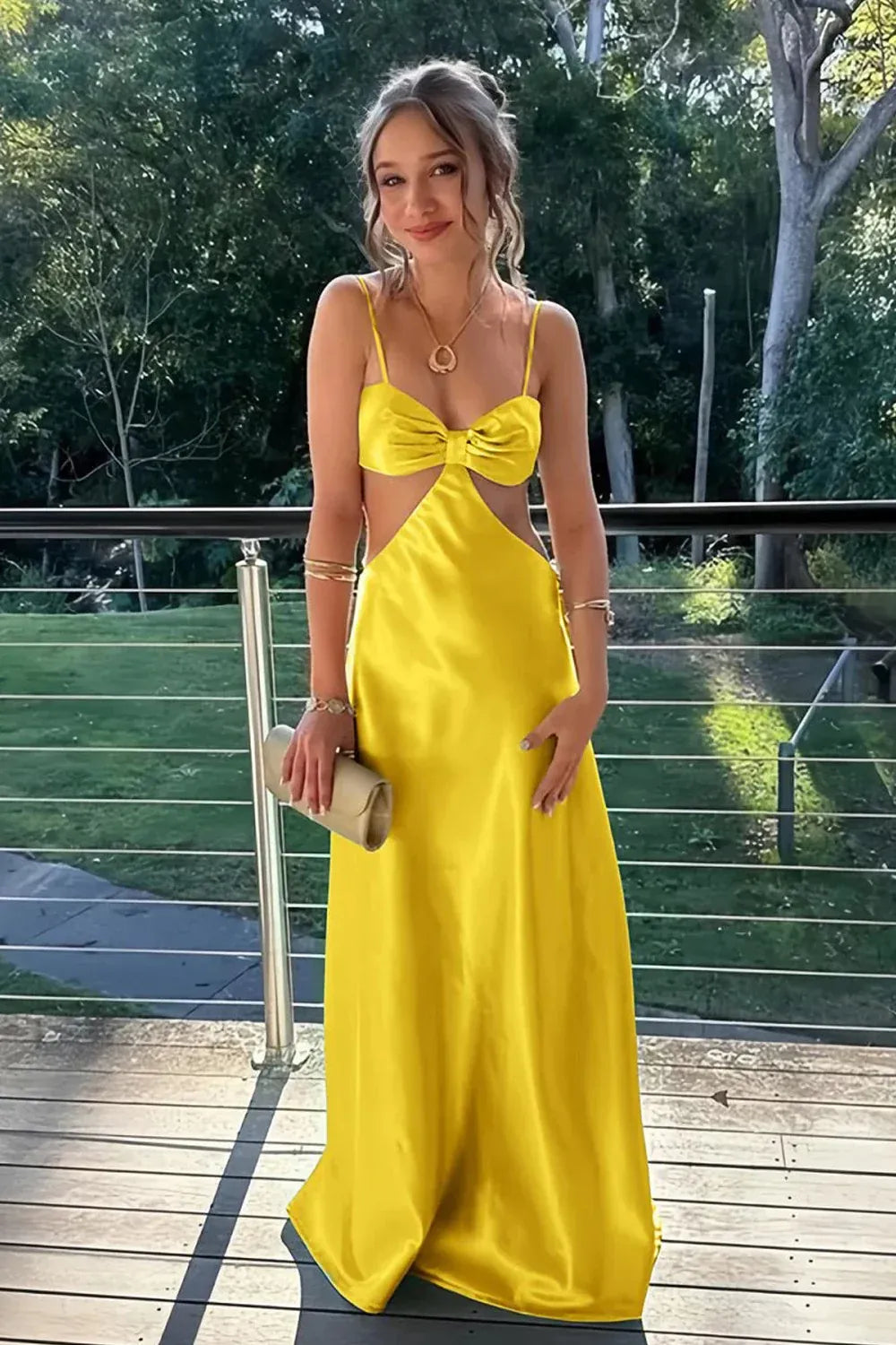 Spaghetti Strap Cut-Out Bow Maxi Prom Dress