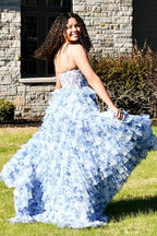 Spaghetti Straps Sleeveless Empire A-Line Tiered Long Prom Dress
