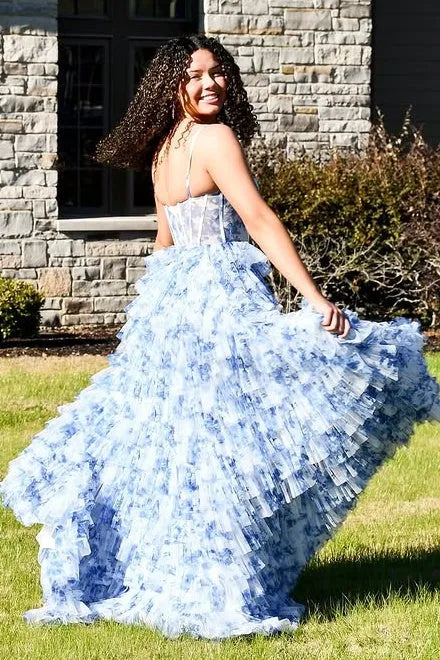 Spaghetti Straps Sleeveless Empire A-Line Tiered Long Prom Dress
