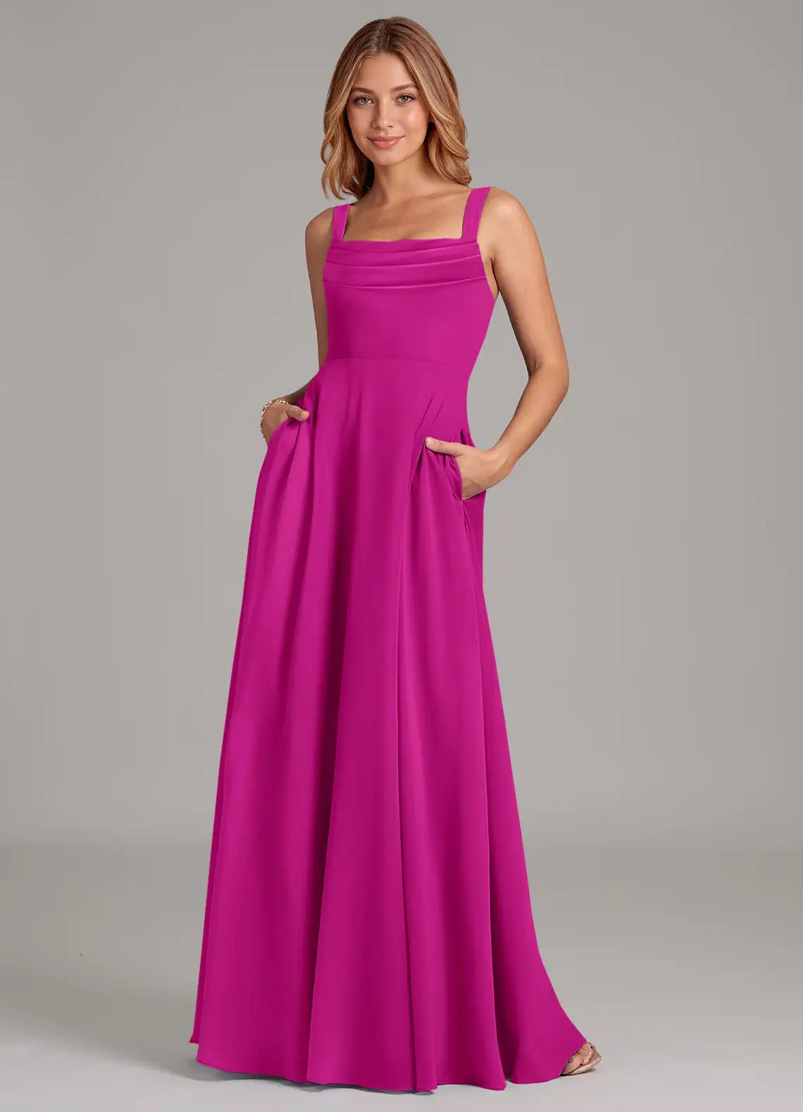 Chic Square Neck Wide Straps Ruched Bodice Pocketed Floor-Length Bridesmaid Dresses