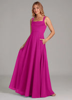 Chic Square Neck Wide Straps Ruched Bodice Pocketed Floor-Length Bridesmaid Dresses