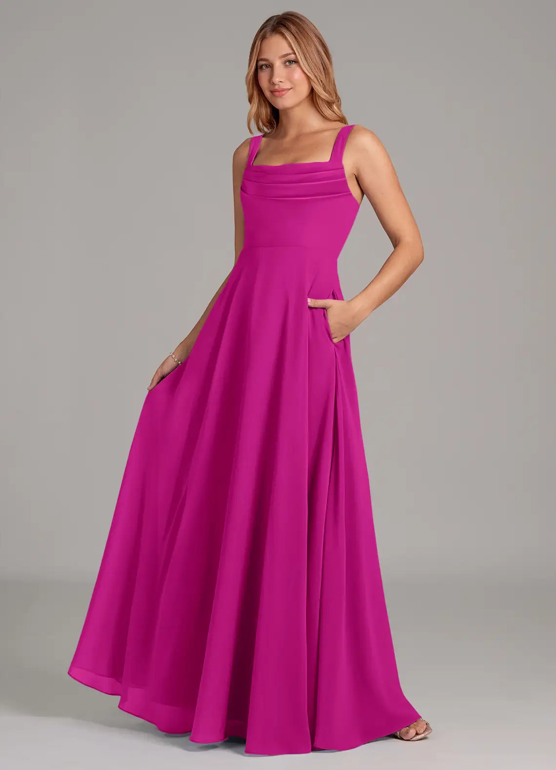 Chic Square Neck Wide Straps Ruched Bodice Pocketed Floor-Length Bridesmaid Dresses
