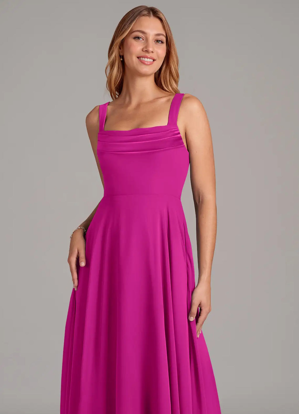 Chic Square Neck Wide Straps Ruched Bodice Pocketed Floor-Length Bridesmaid Dresses