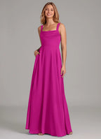 Chic Square Neck Wide Straps Ruched Bodice Pocketed Floor-Length Bridesmaid Dresses