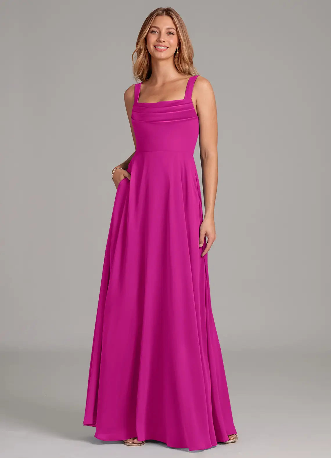 Chic Square Neck Wide Straps Ruched Bodice Pocketed Floor-Length Bridesmaid Dresses