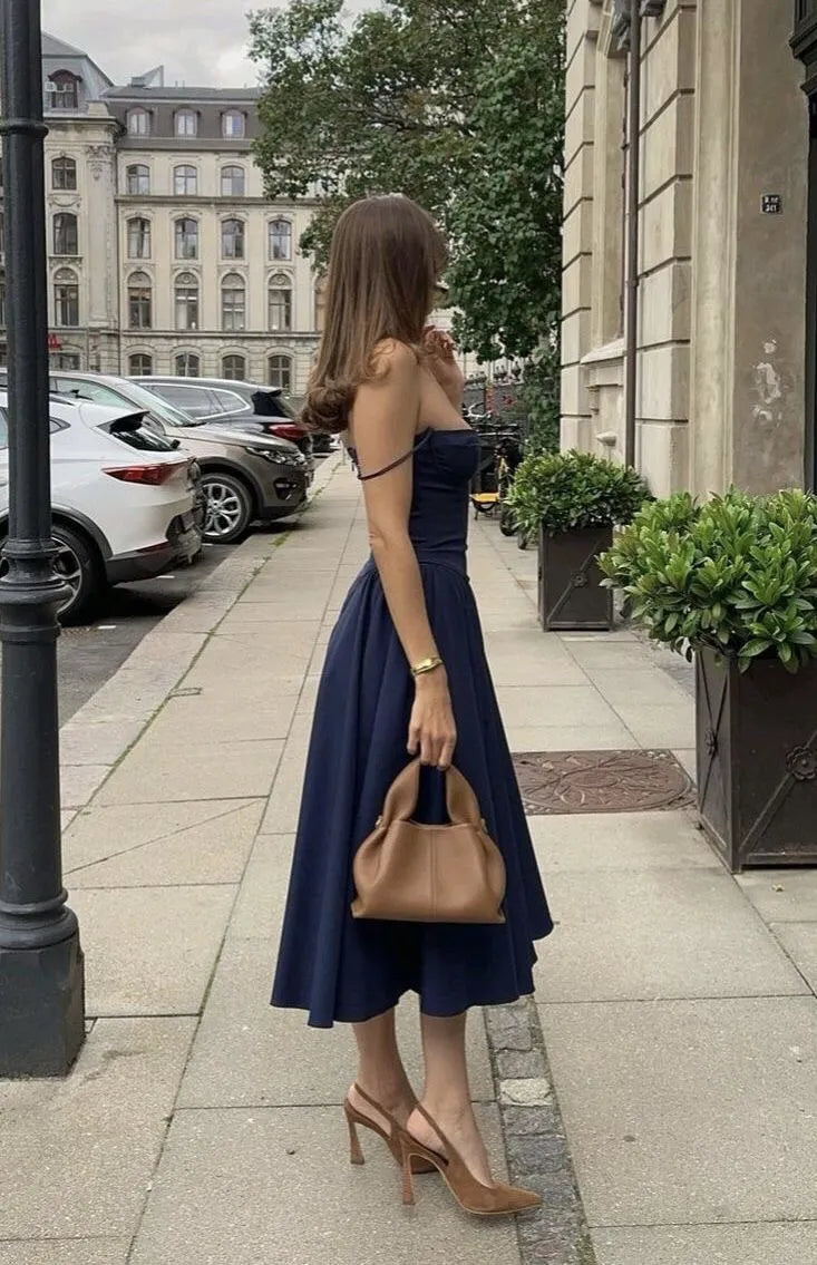Strapless Sleeveless Fitted Bodice Midi Cocktail Dress
