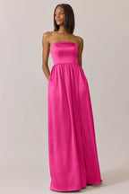 Chic Strapless Square Neck Hot Pink Satin Bridesmaid Dress with Empire Waist, Hidden Pockets & Flowy A-Line Floor-Length Hem