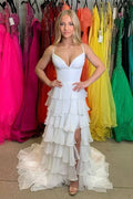 Tiered Spaghetti Strap Sleeveless Prom Dress With Slit