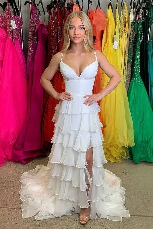 Tiered Spaghetti Strap Sleeveless Prom Dress With Slit