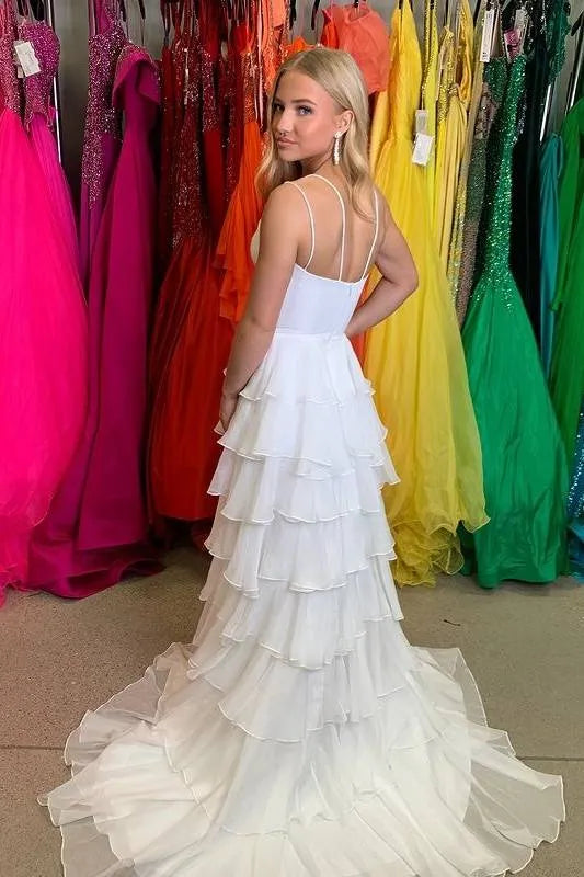 Tiered Spaghetti Strap Sleeveless Prom Dress With Slit