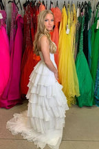 Tiered Spaghetti Strap Sleeveless Prom Dress With Slit