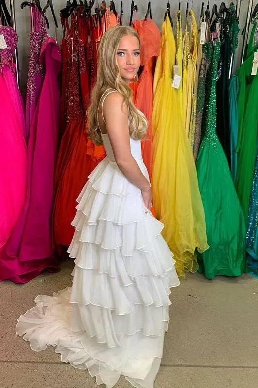 Tiered Spaghetti Strap Sleeveless Prom Dress With Slit
