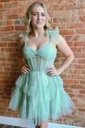 Tiered Spaghetti Strap Sleeveless Mini Homecoming Dress