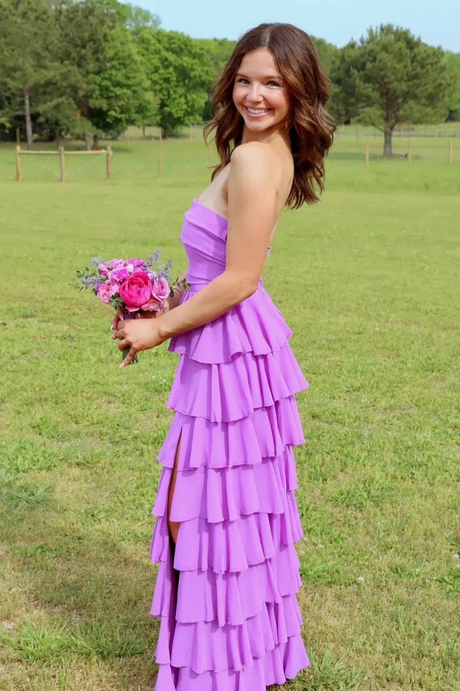 Tiered Strapless Sleeveless High Low Prom Dress
