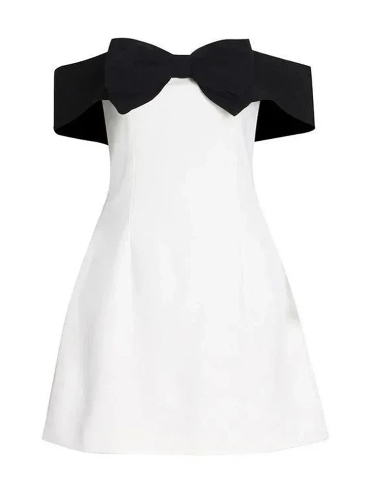 A-Line Off-Shoulder Bow Two-Tone Mini Homecoming Dress