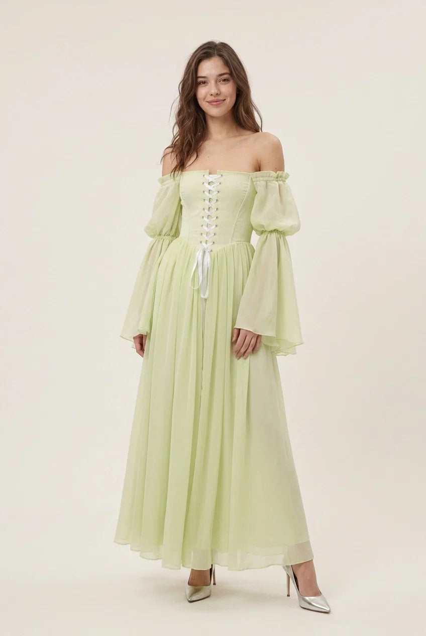 Green A-Line Off-Shoulder Long Sleeve Corset Bodice Pale Floor-Length Prom Dress