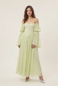 Green A-Line Off-Shoulder Long Sleeve Corset Bodice Pale Floor-Length Prom Dress