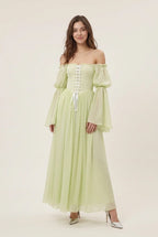 Green A-Line Off-Shoulder Long Sleeve Corset Bodice Pale Floor-Length Prom Dress