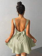 Sage Green A-Line Square Neck Bow Back Solid Color Mini Homecoming Dress