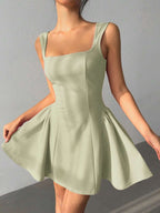 Sage Green A-Line Square Neck Bow Back Solid Color Mini Homecoming Dress