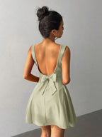 Sage Green A-Line Square Neck Bow Back Solid Color Mini Homecoming Dress