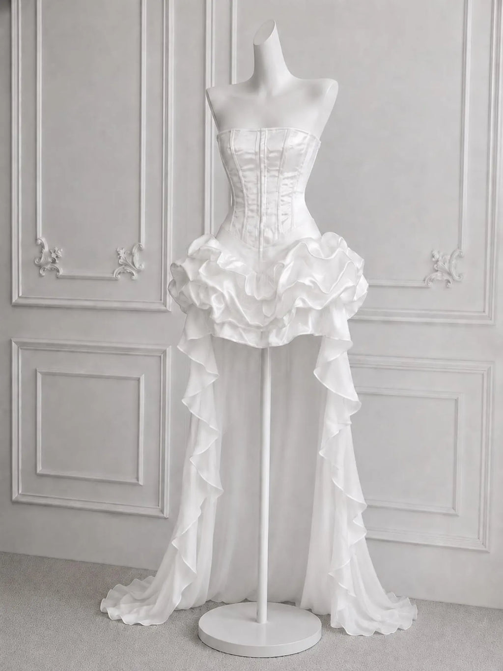 White A-Line Strapless Corset Ruffled High-Low Homecoming Dress With Detachable Train
