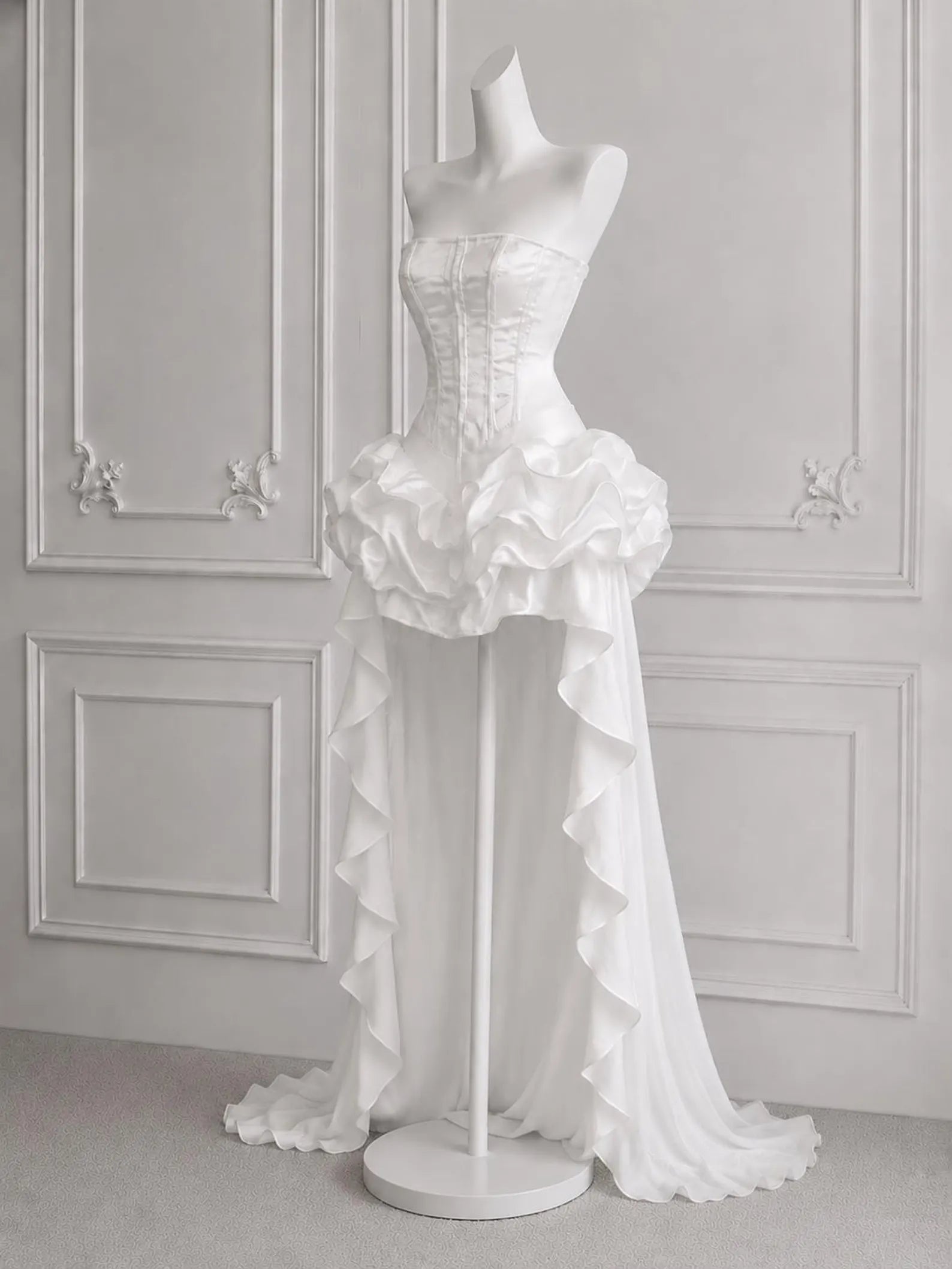 White A-Line Strapless Corset Ruffled High-Low Homecoming Dress With Detachable Train