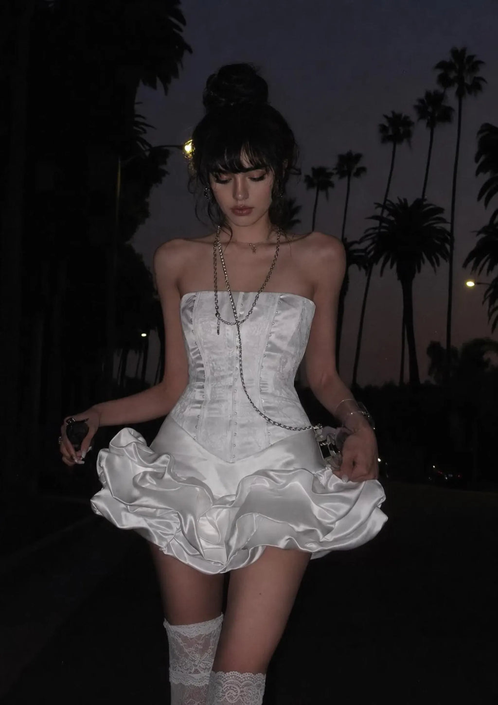 White A-Line Strapless Corset Ruffled High-Low Homecoming Dress With Detachable Train