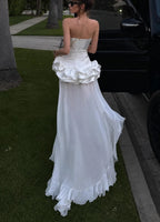 White A-Line Strapless Corset Ruffled High-Low Homecoming Dress With Detachable Train