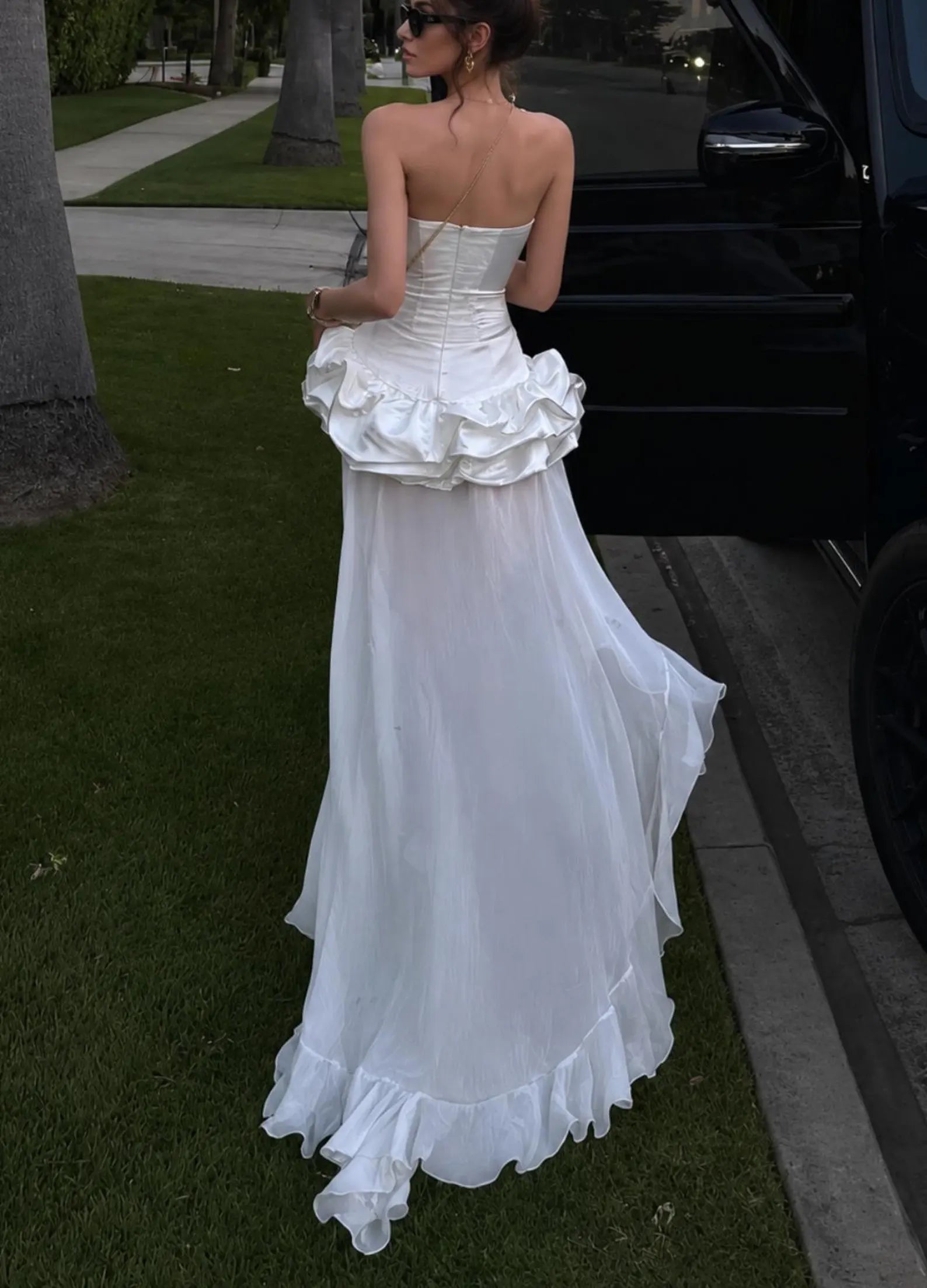 White A-Line Strapless Corset Ruffled High-Low Homecoming Dress With Detachable Train