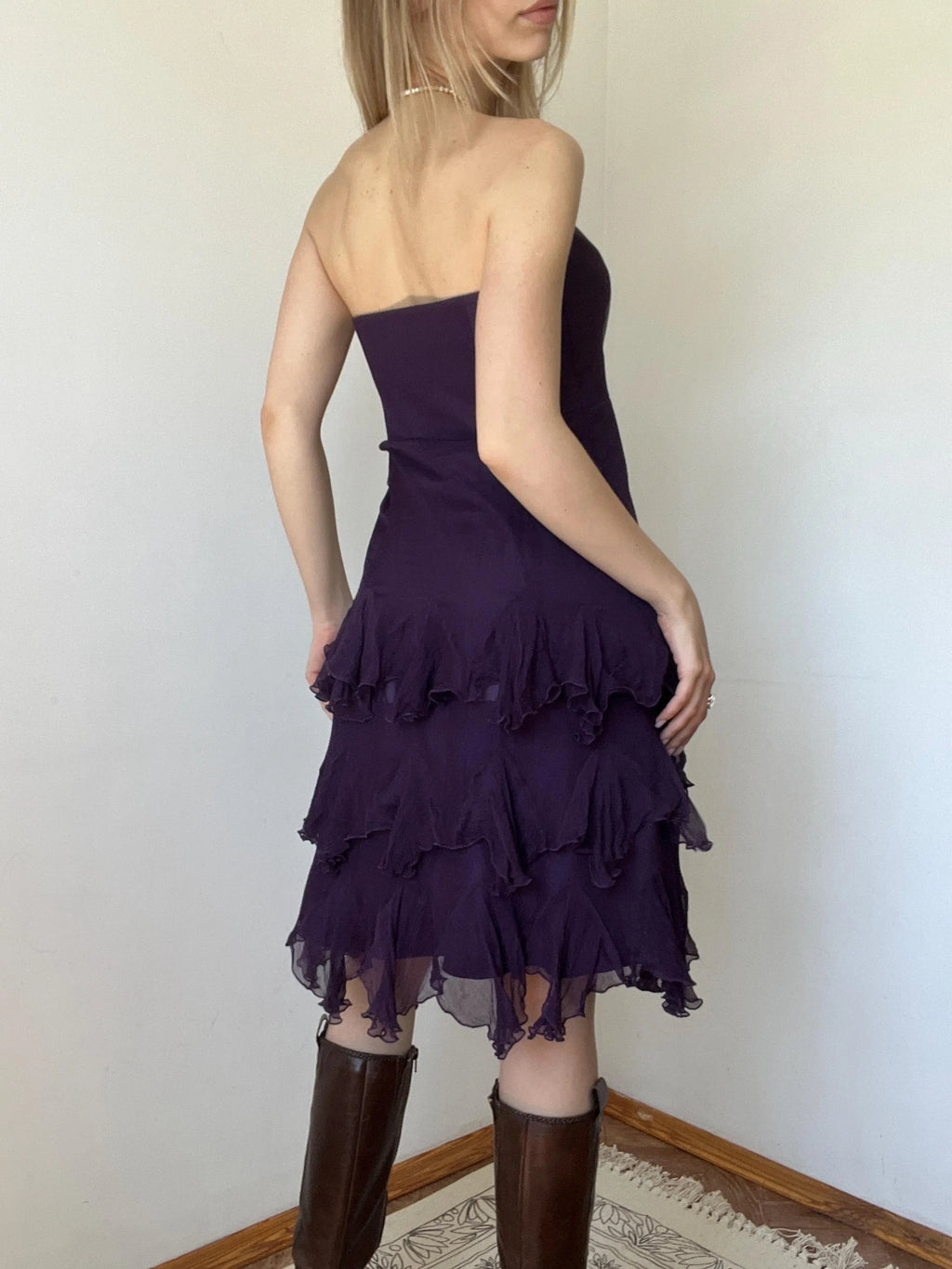 Purple A-Line Strapless Tie Ruffled Dark Purple Short Homecoming Dresses