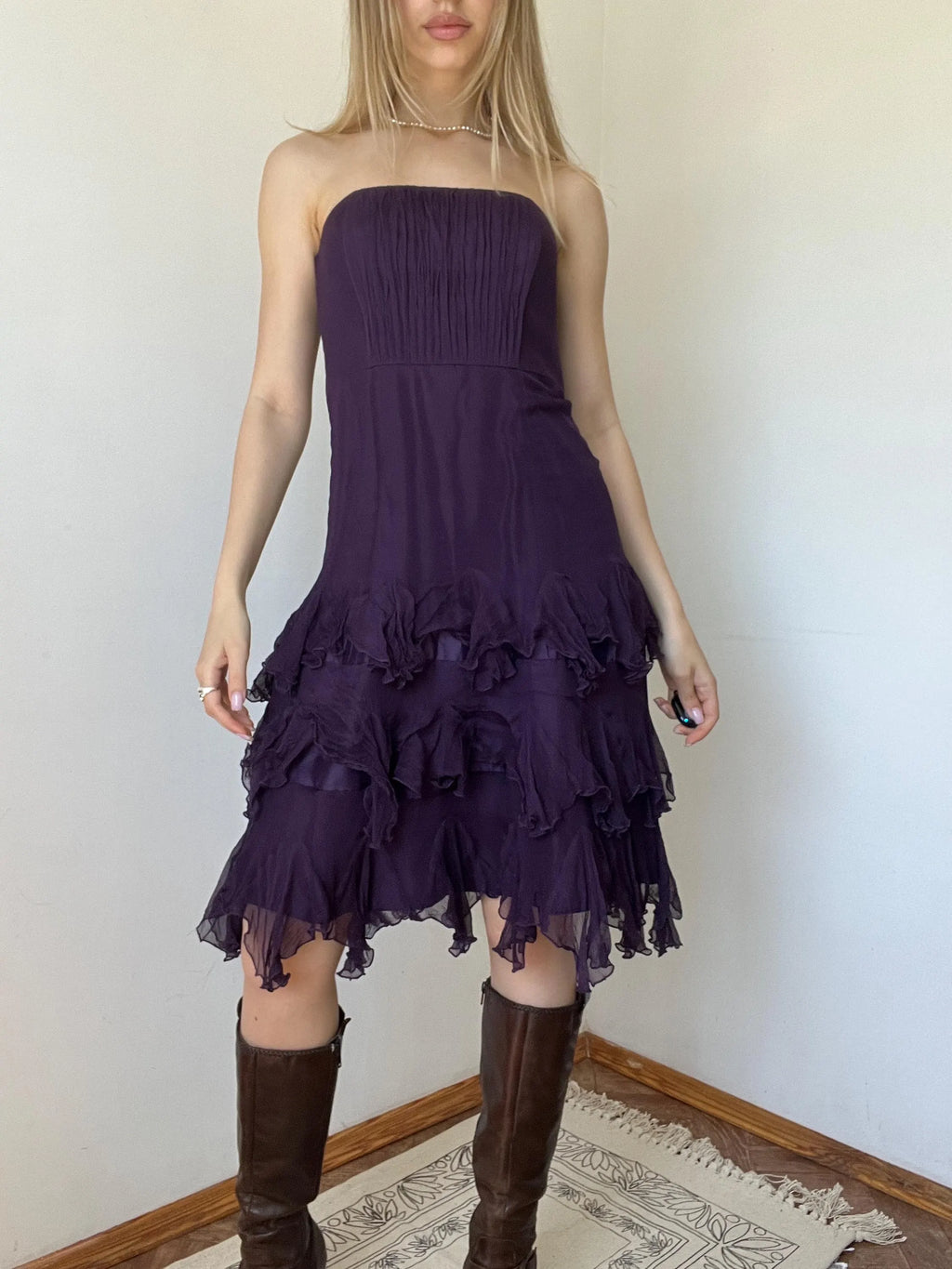 Purple A-Line Strapless Tie Ruffled Dark Purple Short Homecoming Dresses