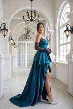 Teal A-Line Sweetheart Beaded Tie Teal High-Low Prom Dress