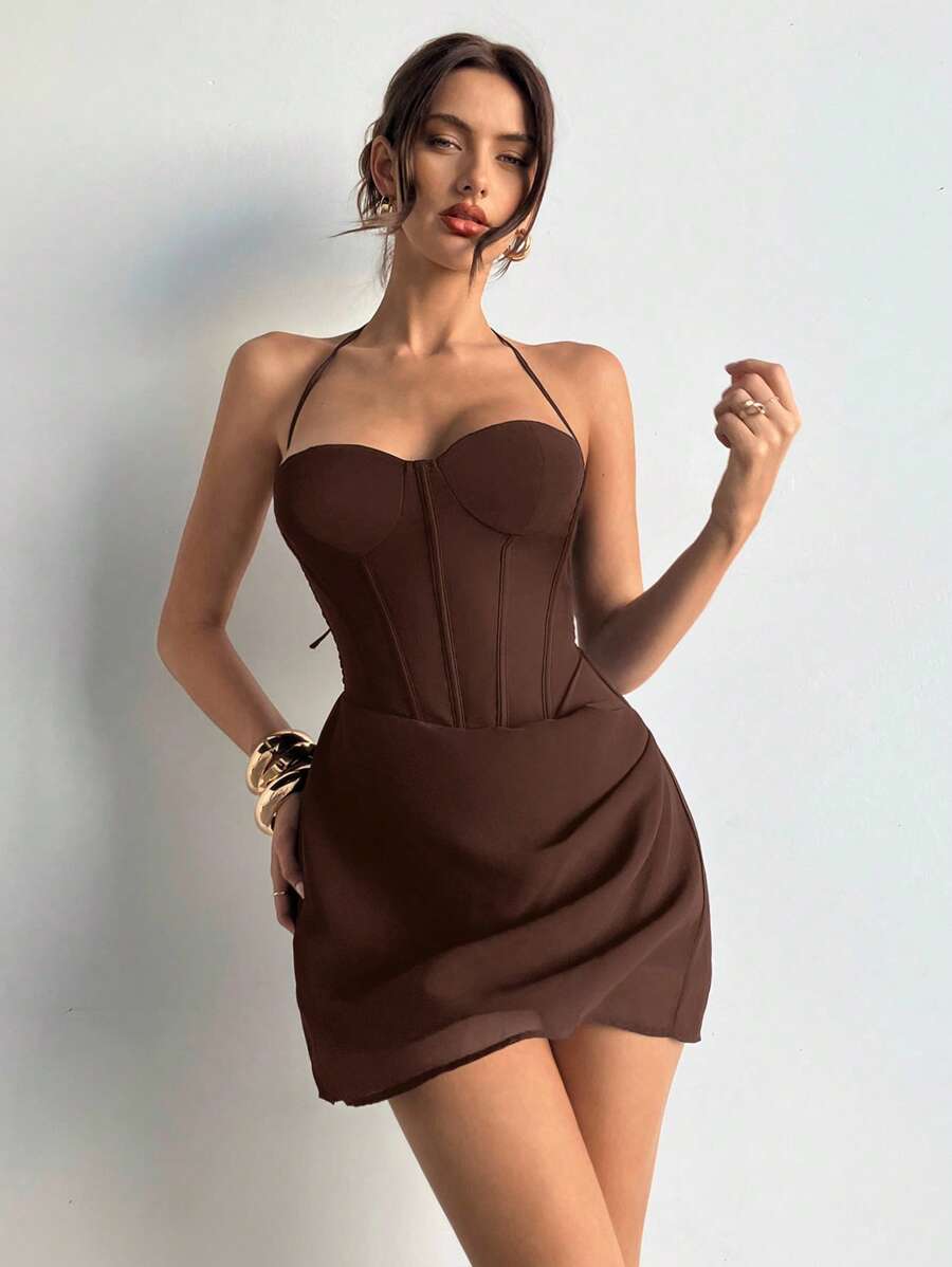A-Line Sweetheart Halter Corset Bodice Draped Mini Homecoming Dresses