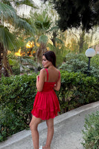 Red A-Line Sweetheart Ruched Tie Red Mini Homecoming Dress